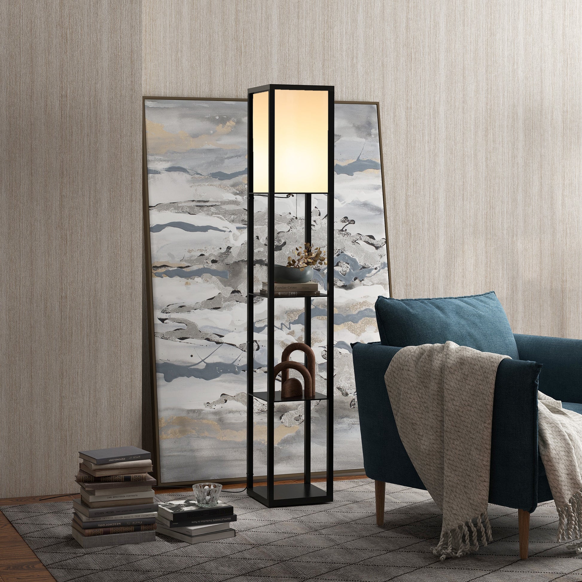 LightGlow Premium 3-Tier Floor Lamp with Shelves and Storage, Modern Standing Lamp with Lampshade, Reading Light with Chain Switch for Living Room, Bedroom, Home Office, Bulb not Included, Black