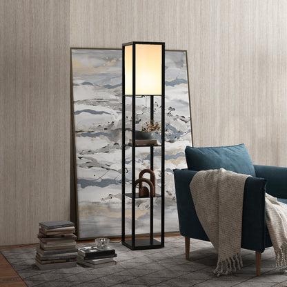 LightGlow Premium 3-Tier Floor Lamp with Shelves and Storage, Modern Standing Lamp with Lampshade, Reading Light with Chain Switch for Living Room, Bedroom, Home Office, Bulb not Included, Black