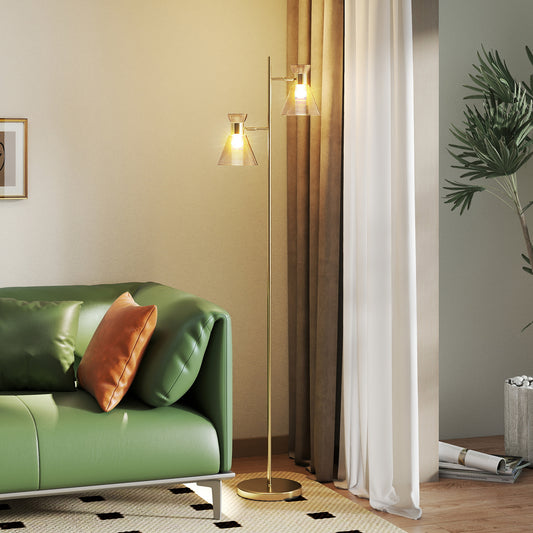 LightGlow Premium Floor Lamp with Adjustable Dual Head, Modern Standing Lamp with Floral Glass Shades and Foot Switch for Living Room Bedroom, E27 Socket, Bulb Not Included, Gold Tone