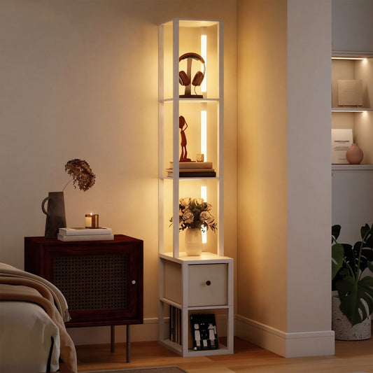 LightGlow Premium Floor Lamp with Shelves, LED Column Modern Standing Lamp with Fabric Drawer, Adjustable Brightness, Foot Switch for Living Room, Bedroom, Office, White