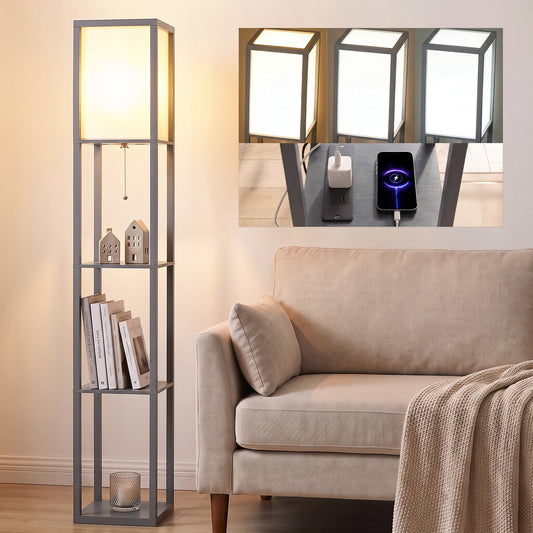 LightGlow Premium Floor Lamp with Shelves, 3 Layer Column Modern Standing Lamp for Living Room, Bedroom, Office, Grey