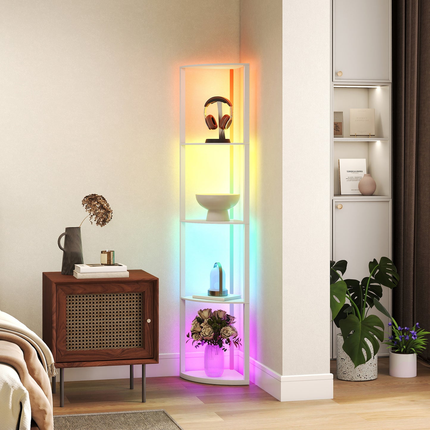LightGlow Premium RGB LED Floor Lamp with Shelves, 4-Tier Dimmable Standing Lamp with Adjustable Brightness and Remote Control, Modern Corner Display Shelf Unit for Living Room Bedroom Office, White