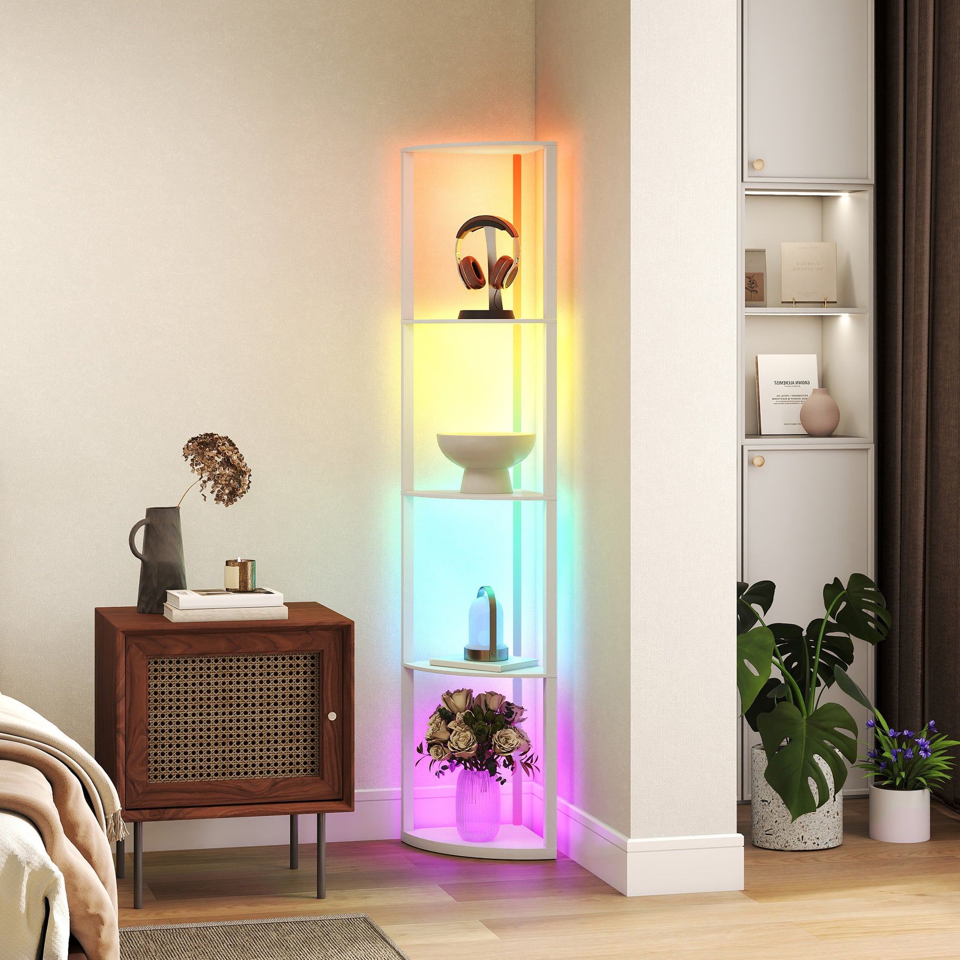 LightGlow Premium RGB LED Floor Lamp with Shelves, 4-Tier Dimmable Standing Lamp with Adjustable Brightness and Remote Control, Modern Corner Display Shelf Unit for Living Room Bedroom Office, White