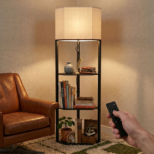 LightGlow Premium Corner Floor Lamp with Shelves and Lights, Modern Dimmable Standing Lamp with 3000K/4000K/6000K Colour Temperature