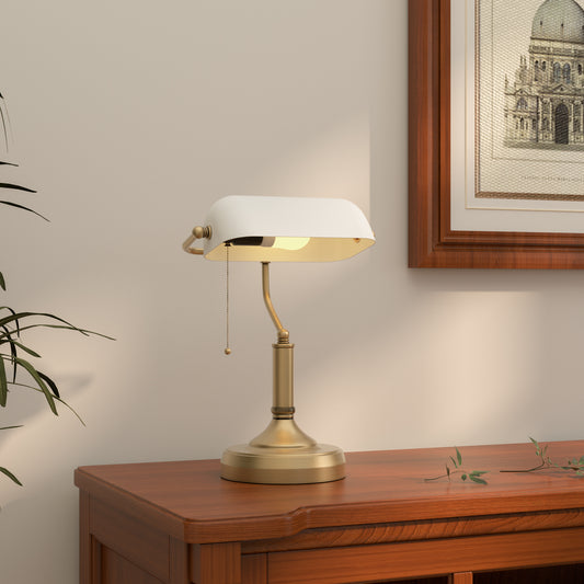LightGlow Premium Banker's Desk Lamp with Antique Bronze Tone Base, Table Lamp with White Glass Shade for Home Office, White