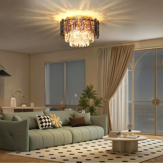 LightGlow Premium Chandelier Ceiling Light, 3-Light Flush Mount Fixture with Dual Crystal and Smoke Glass Shade, 40 cm LED Ceiling Light for Living Room Bedroom, 3 E14 Sockets, Bulbs Not Included, Gold Tone