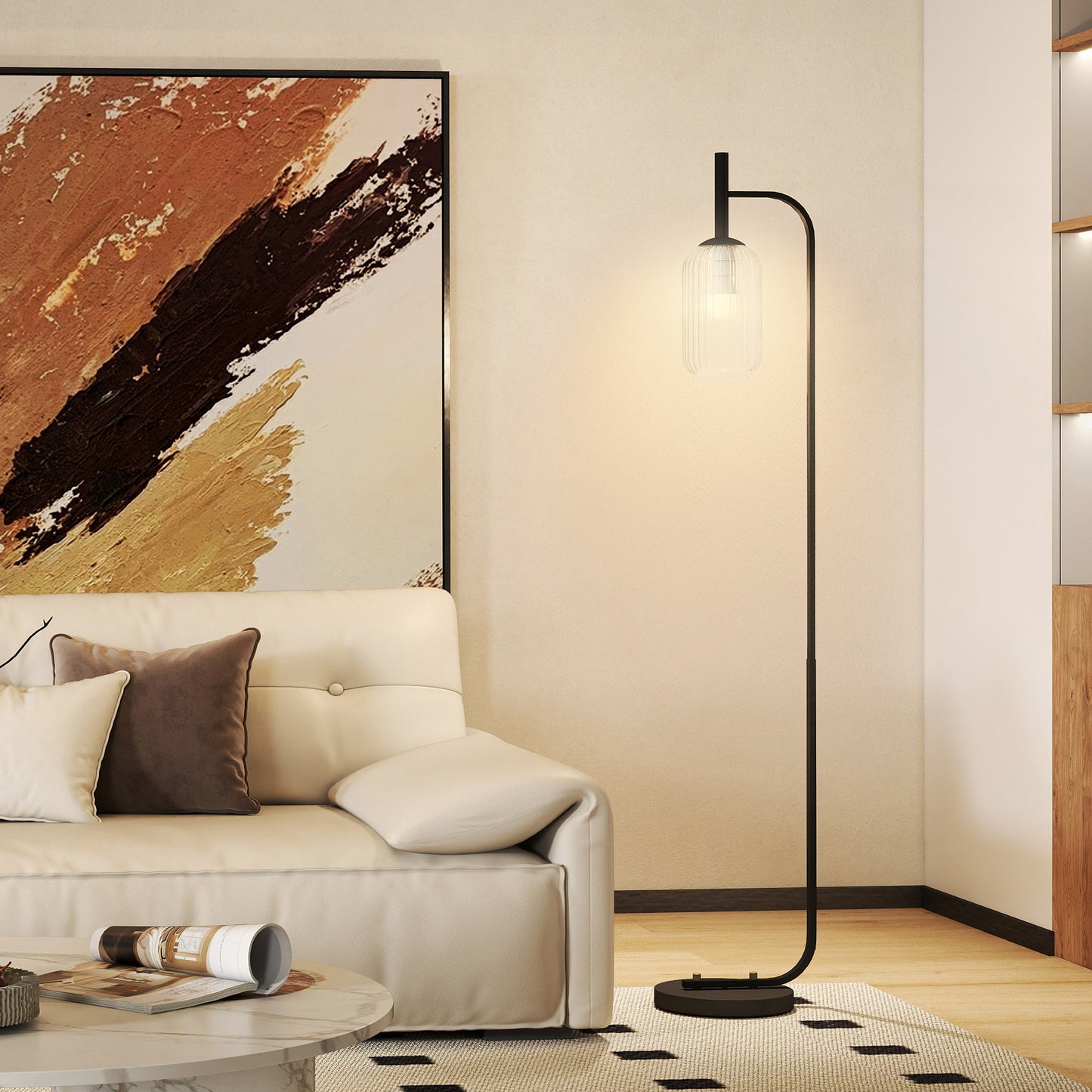 LightGlow Premium Floor Lamp for Living Room with Glass Lampshade, Modern Standing Lamp with Foot Switch for Bedroom, Bulb not Included, Black