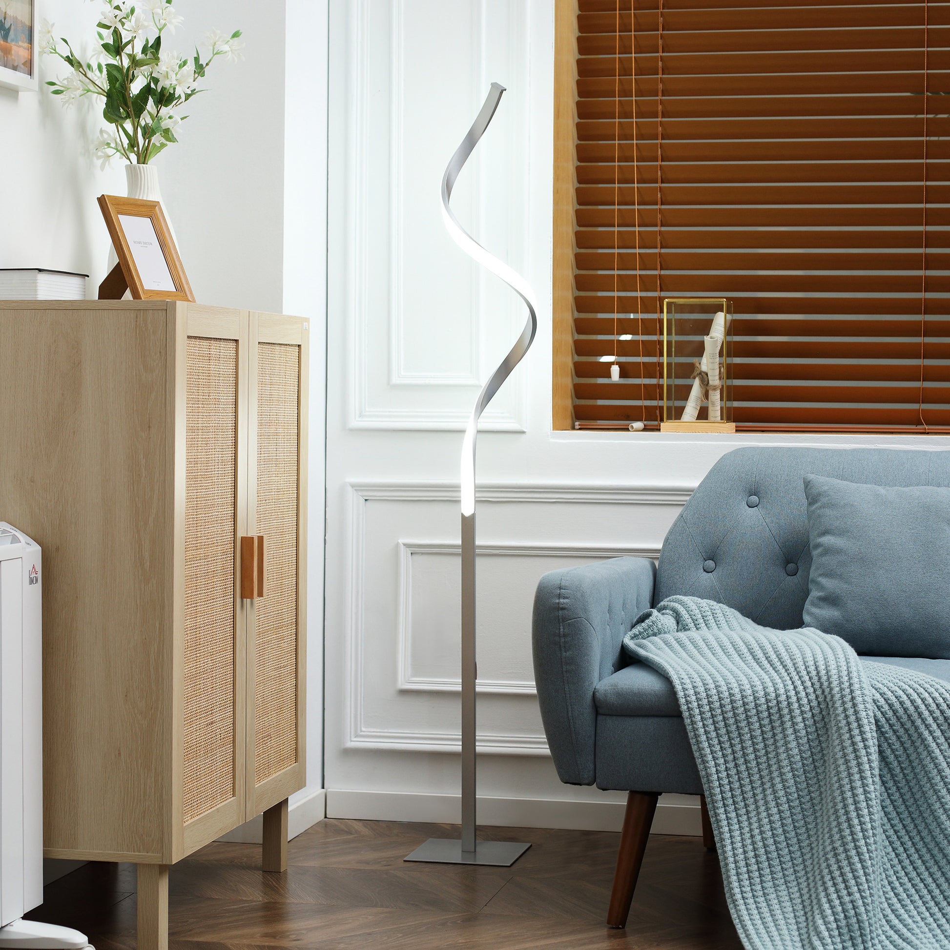 LightGlow Premium Dimmable Floor Lamp for Living Room, Modern Spiral Standing Lamp with 3 Adjustable Brightness and Square Base, Silver