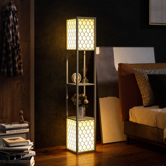 LightGlow Premium Floor Lamp with Shelves, Dual Light, Modern Tall Standing Lamps, with Pull Chain Switch (Bulb not Included), Light Grey