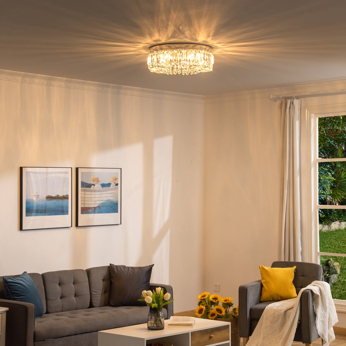 LightGlow Premium Crystal Chandeliers with Crystal Pendants, 8-Light Ceiling Light for Living Room, Bedroom Dining Room, Silver Tone