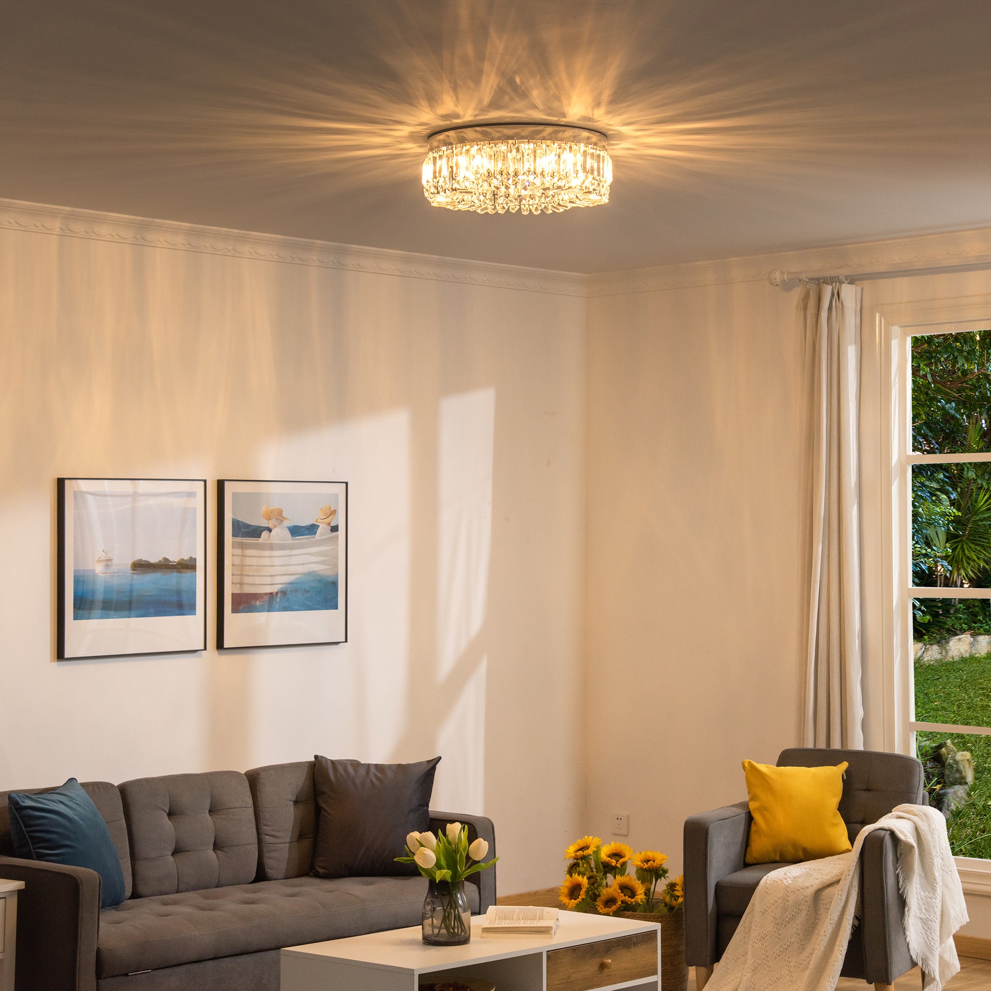 LightGlow Premium Crystal Chandeliers with Crystal Pendants, 8-Light Ceiling Light for Living Room, Bedroom Dining Room, Silver Tone