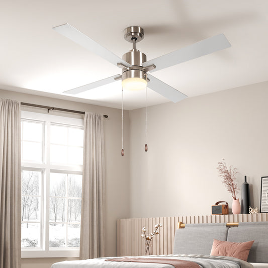 LightGlow Premium Ceiling Fan with LED Light, Flush Mount Ceiling Fan Lights with Reversible Blades, Pull-chain, Silver and Natural Tone