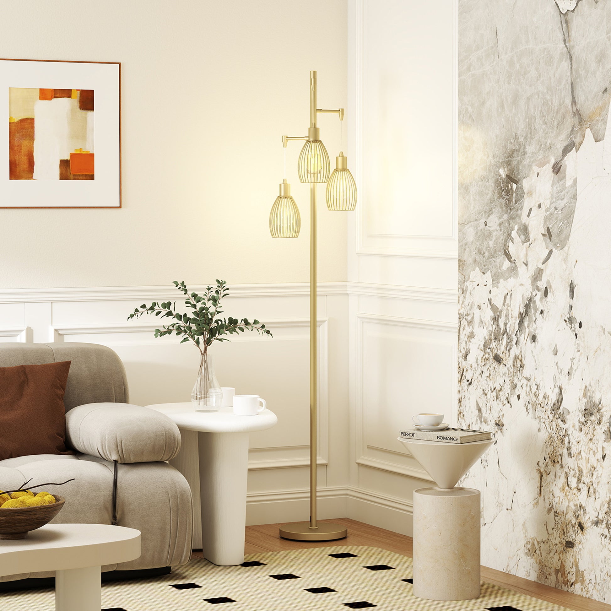 LightGlow Premium 3-Light Floor Lamp, 170cm Industrial Dimmable Standing Lamp with Steel Wire Cage Lampshades for Living Room, Bedroom, Dining Room, Study, Bulb Not Included, Gold Tone