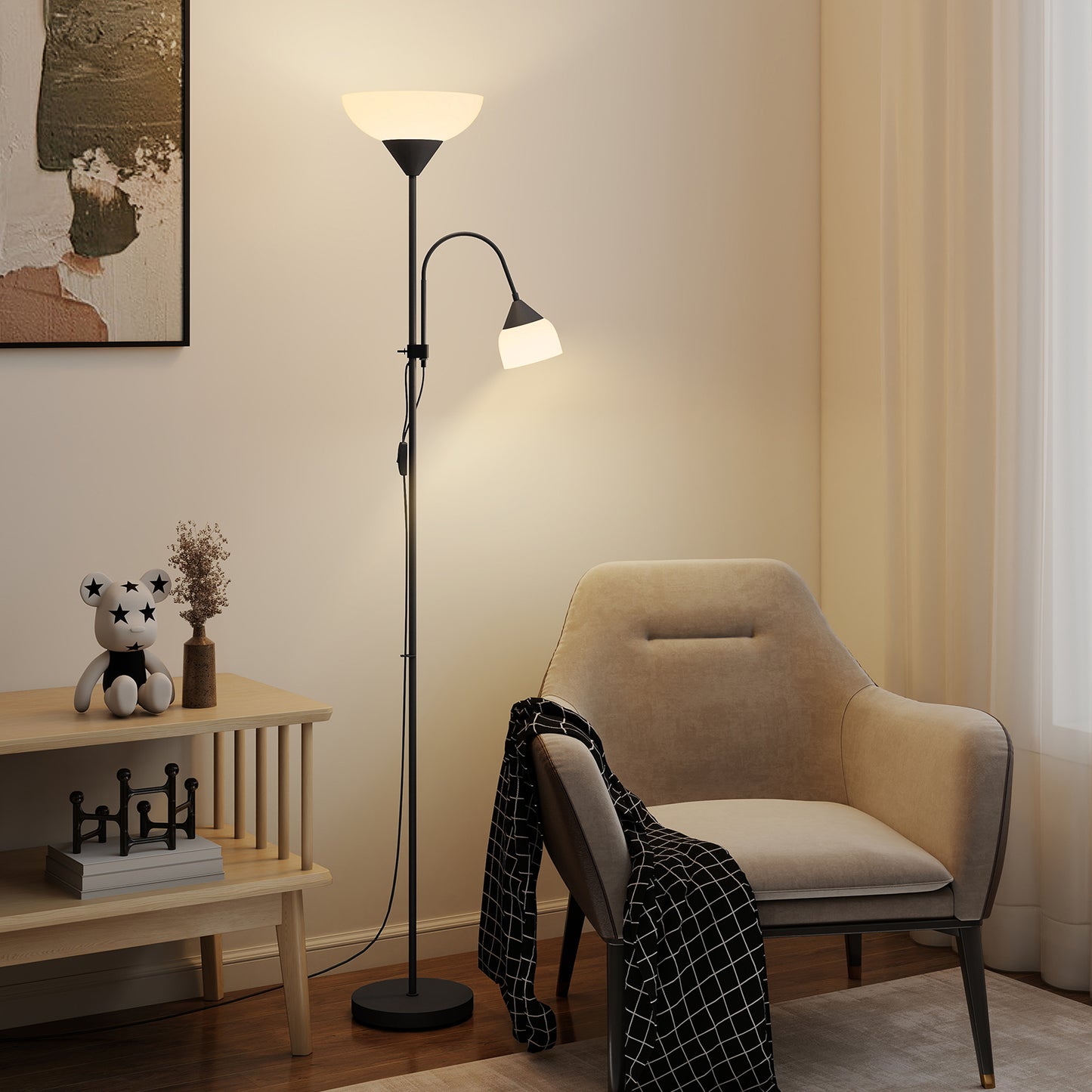LightGlow Premium LED Floor Lamp for Living Room, 180cm Tall Standing Lamp, Mother and Child Uplighter with Adjustable Gooseneck, Black