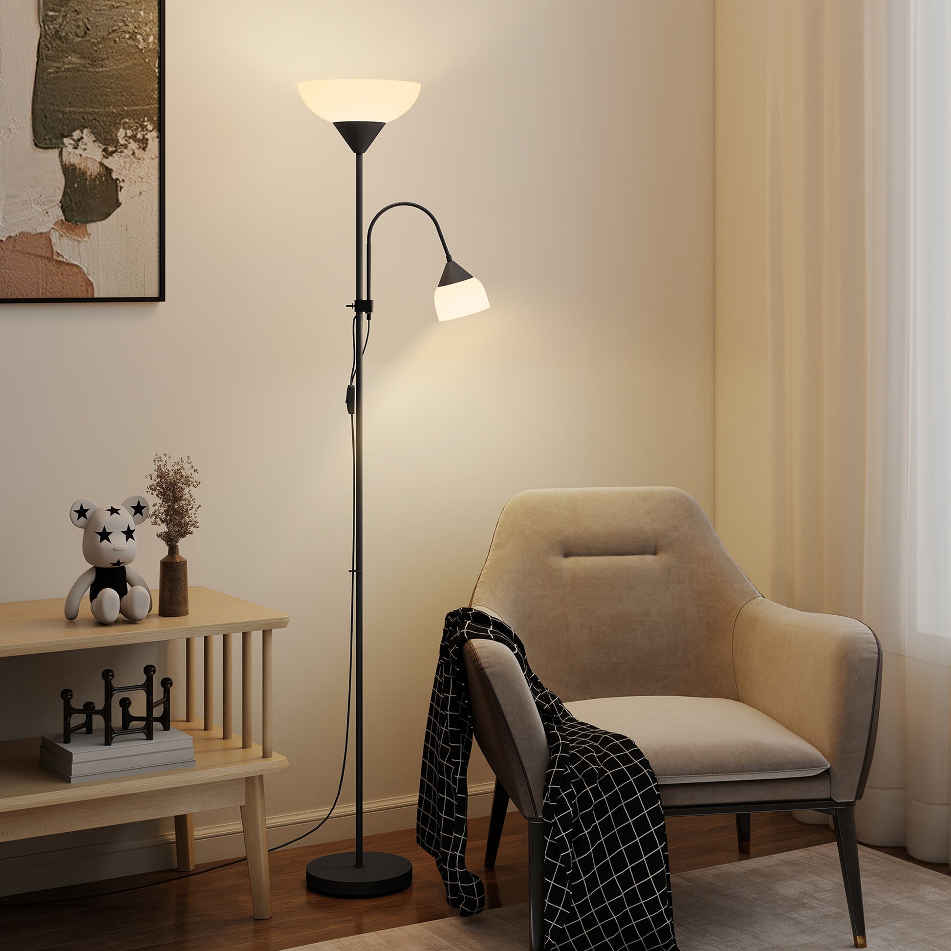 LightGlow Premium LED Floor Lamp for Living Room, 180cm Tall Standing Lamp, Mother and Child Uplighter with Adjustable Gooseneck, Black