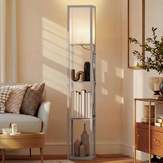 LightGlow Premium 3-Tier Floor Lamp with Shelves and Storage, Modern Corner Standing Lamp with Lampshade, Foot Switch for Living Room, Bedroom, Home Office, Bulb not Included, Grey