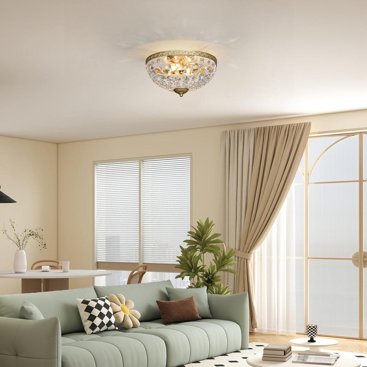 LightGlow Premium Crystal Chandelier Ceiling Light with 168 Octagonal Beads, Vintage 2-Light Flush Mount Ceiling Light for Living Room, Bedroom, Hallway, Dining Room, Gold Tone