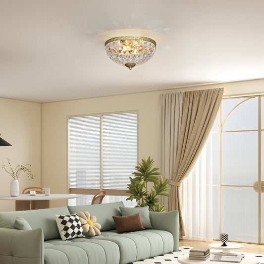 LightGlow Premium Crystal Chandelier Ceiling Light with 168 Octagonal Beads, Vintage 2-Light Flush Mount Ceiling Light for Living Room, Bedroom, Hallway, Dining Room, Gold Tone