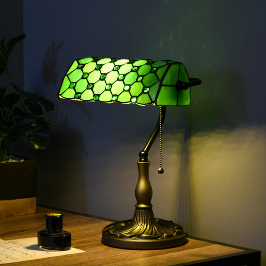 LightGlow Premium Stained Glass Table Lamp, Vintage Lamp with Green Handmade Shade, Metal Base, Antique Bedside Lamp for Bedroom Living Room Home Decoration
