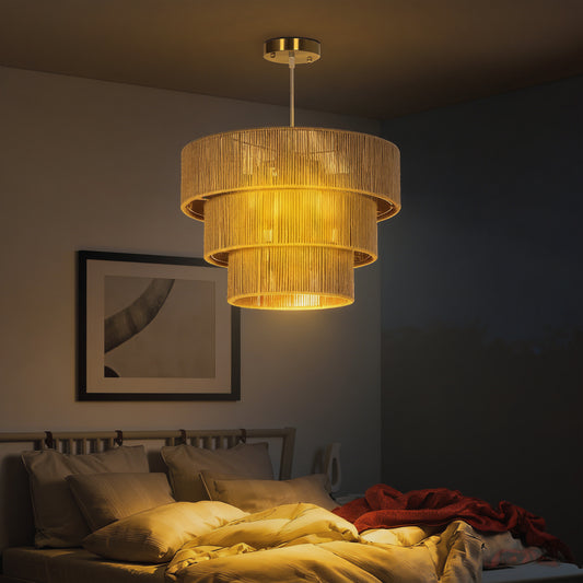 LightGlow Premium Hemp Rope Ceiling Light, 3-Layer Boho Pendant Light, 4 x E14 Vintage Ceiling Lamp Fixtures for Living Room, Bedroom, Kitchen, Hallway, Light Brown