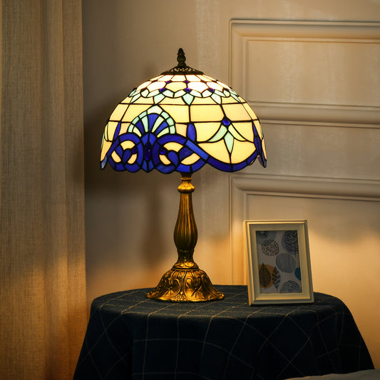 LightGlow Premium Tiffany Stained Glass Table Lamp, Handmade Antique Bedside Lamp for Bedroom, Living room, Home, Nightstand, Decorative Night Light, Blue