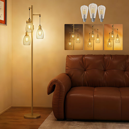 LightGlow Premium 170.5cm Industrial Dimmable Standing Lamp, 3-Light Floor Lamp with Steel Wire Cage Lampshades, Gold Tone