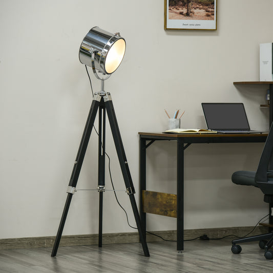 LightGlow Premium Industrial Style Adjustable Tripod Floor Lamp, Searchlight Lamp with Wooden Legs and Steel Lampshade, 110-155cm, Black