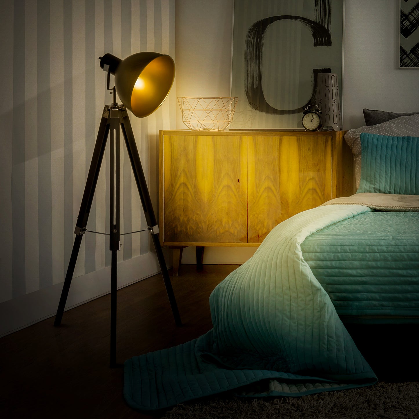 LightGlow Premium Tripod Floor Lamp, Spotlight Reading Lamp w/ Adjustable Height, Angle, Wood Legs for Living Room, Bedroom, Home, Office, Black and Gold