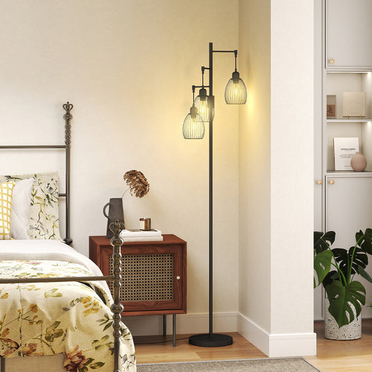 LightGlow Premium 3-Light Floor Lamp, 170cm Industrial Dimmable Standing Lamp with Steel Wire Cage Lampshades for Living Room, Bedroom, Dining Room, Study, Bulb Not Included, Black