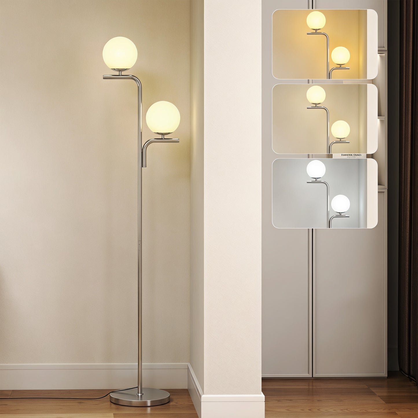 LightGlow Premium LED Floor Lamp, Modern Standing Lamp with 3 Colour Temperatures, Globe Glass Shades and Foot Switch, Silver Tone