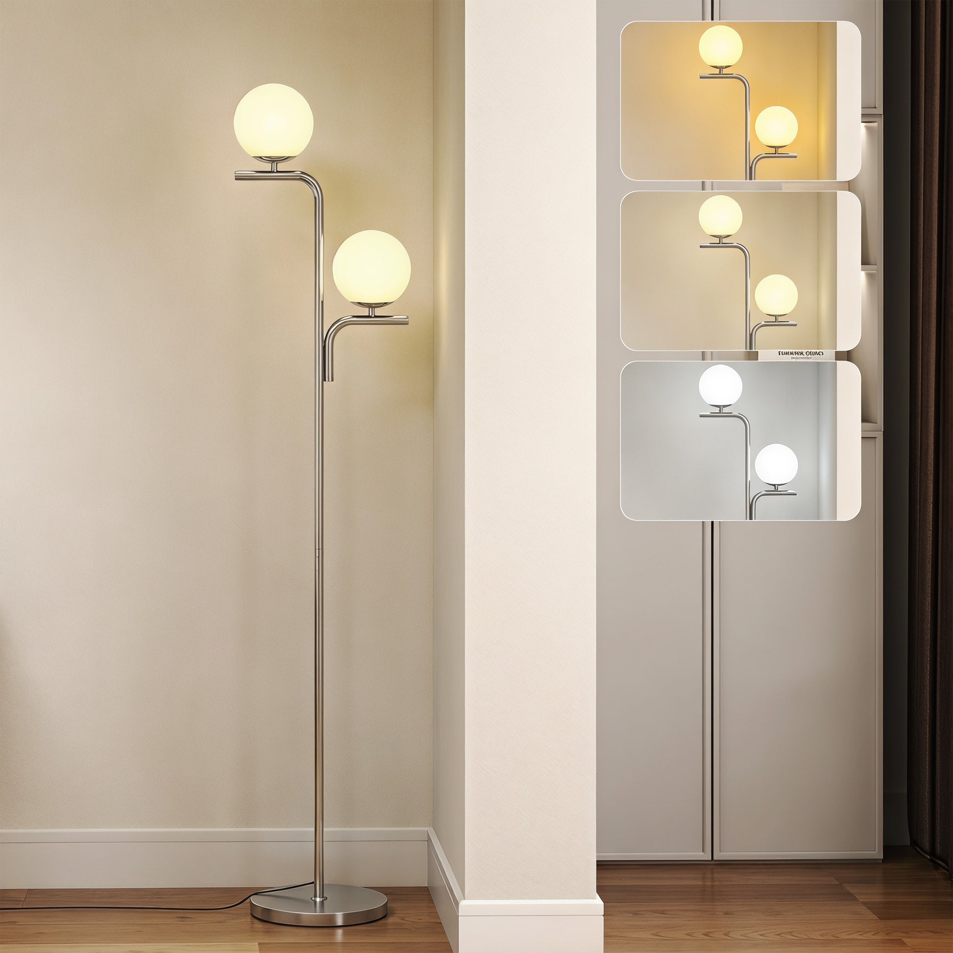 LightGlow Premium LED Floor Lamp, Modern Standing Lamp with 3 Colour Temperatures, Globe Glass Shades and Foot Switch, Silver Tone