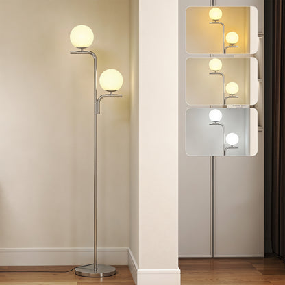 LightGlow Premium LED Floor Lamp, Modern Standing Lamp with 3 Colour Temperatures, Globe Glass Shades and Foot Switch, Silver Tone