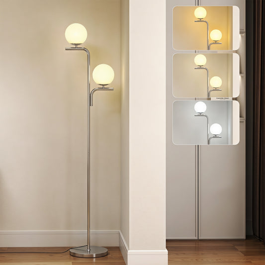 LightGlow Premium LED Floor Lamp, Modern Standing Lamp with 3 Colour Temperatures, Globe Glass Shades and Foot Switch, Silver Tone