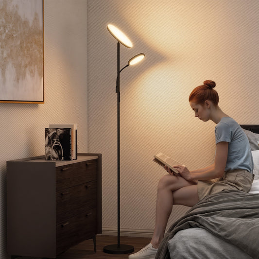 LightGlow Premium LED Floor Lamp for Living Room, Stepless Dimmable Standing Lamp, Mother and Child Uplighter with Reading Light, 4 Scene Modes, 2700K-6500K Colour Temps, 4 Brightness Levels, Remote Control