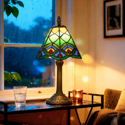 LightGlow Premium Tiffany-Style Table Lamp with Geometric Patterns, Handcrafted Antique Stained Glass Bedside Lamp for Living Room and Bedroom, E27 Socket, Green