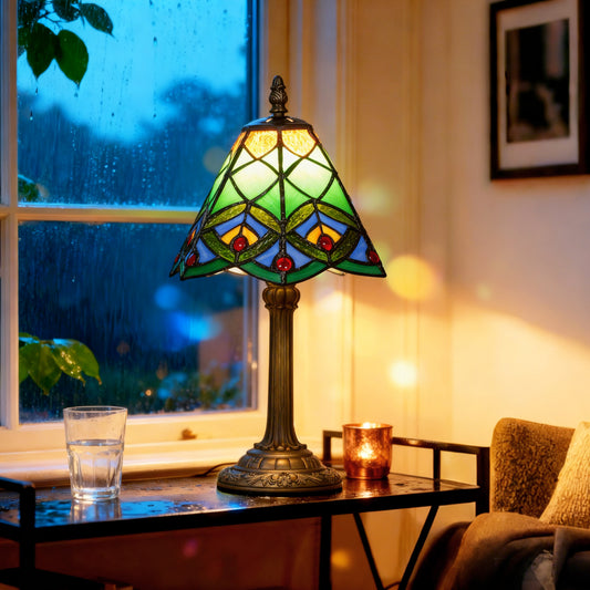LightGlow Premium Tiffany-Style Table Lamp with Geometric Patterns, Handcrafted Antique Stained Glass Bedside Lamp for Living Room and Bedroom, E27 Socket, Green