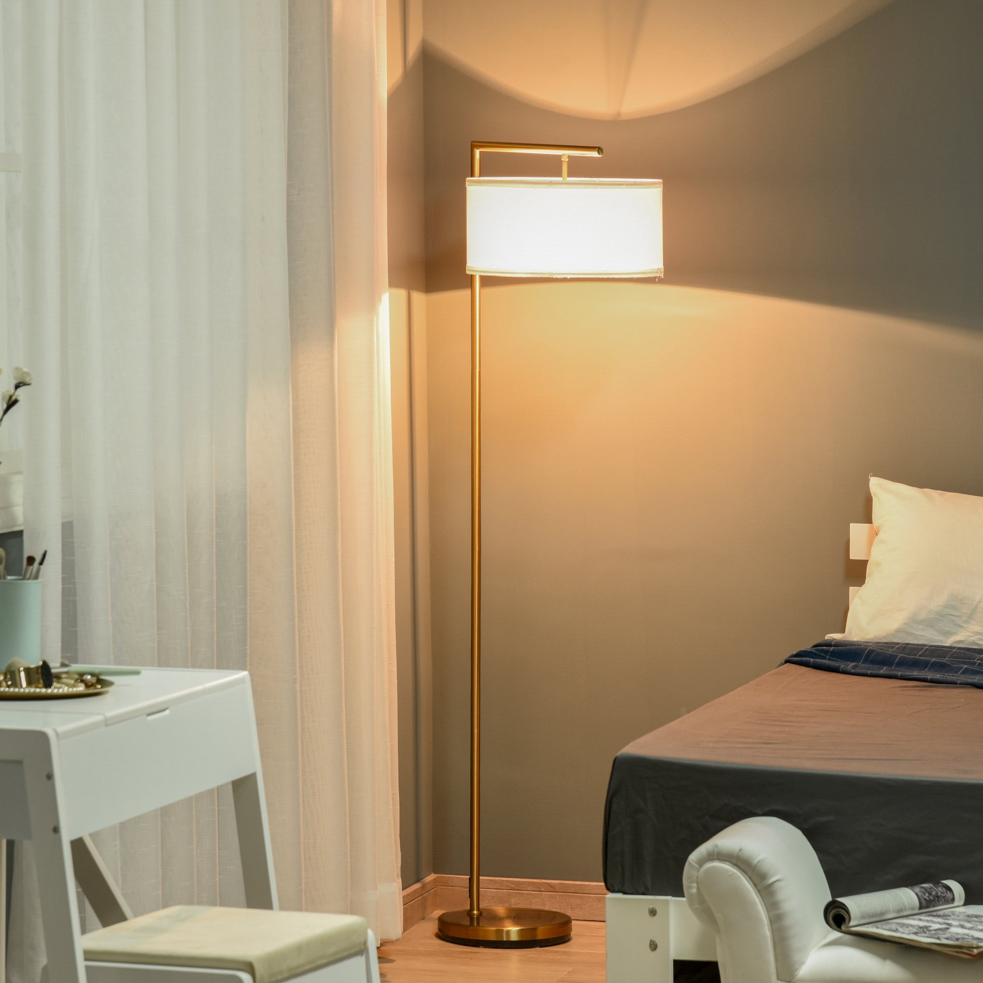 LightGlow Premium Floor Lamp, Modern Standing Lamp with Linen Lampshade, Round Base for Living Room, Bedroom, Dining Room, 153cm, Gold Tone and White
