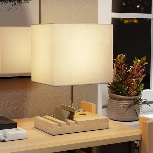 LightGlow Premium Bedside Lamp with USB A+C Charging Ports and 3 Phone Stands, Modern Table Lamp with Solid Wood Base and Fabric Shade for Bedroom Living Room Office, E27 Socket, Bulb Not Included, White