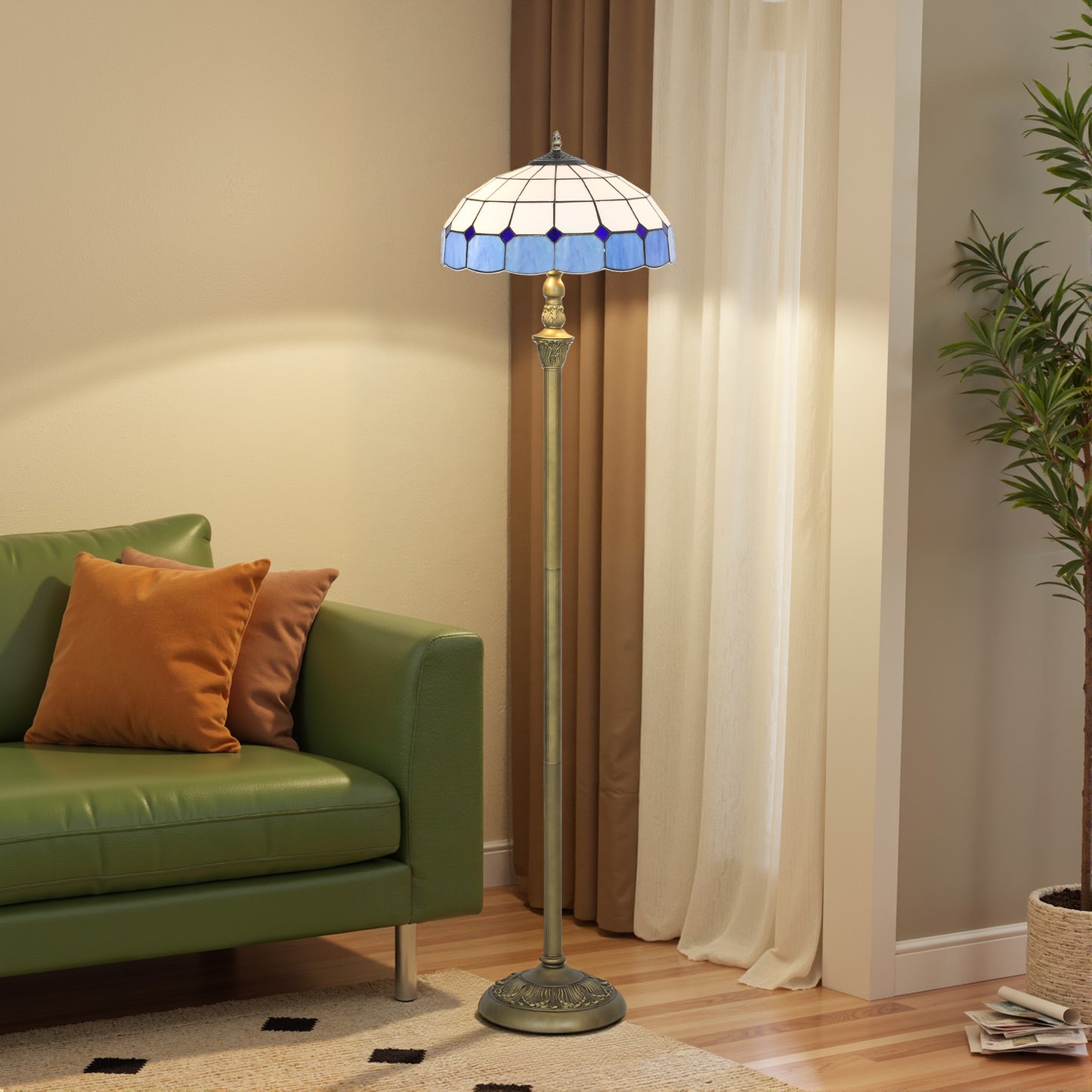 LightGlow Premium Tiffany-Style Floor Lamp with Handcrafted Stained Glass Shade, 152cm Tall Vintage Standing Lamp with Foot Switch and Dual Sockets for Living Room Bedroom, Bronze Tone and Blue
