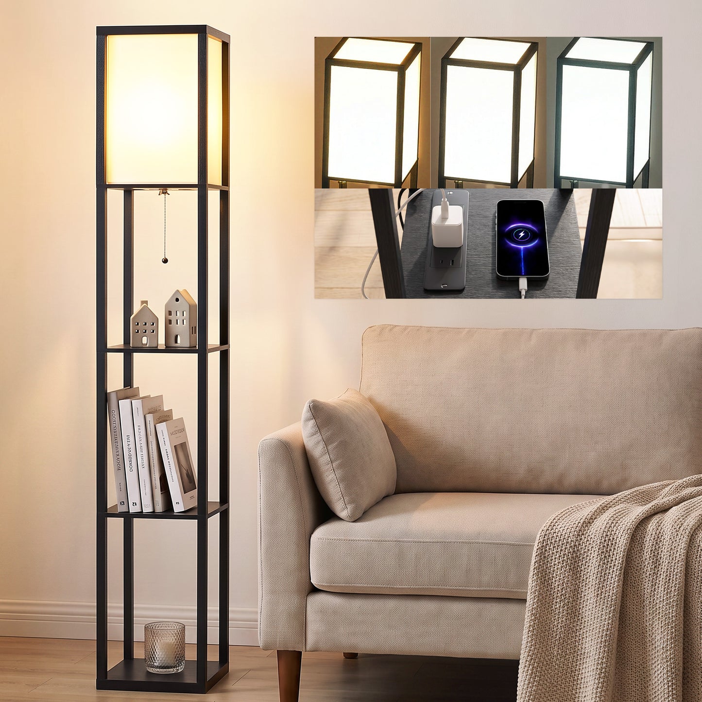 LightGlow Premium Floor Lamp with Shelves, 3 Layer Column Modern Standing Lamp for Living Room, Bedroom, Office, Black