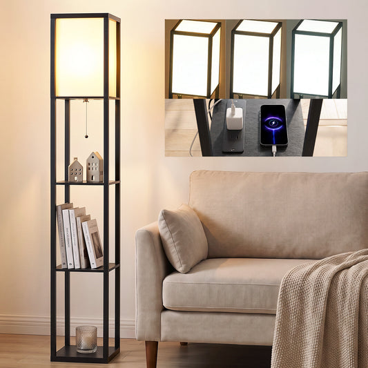 LightGlow Premium Floor Lamp with Shelves, 3 Layer Column Modern Standing Lamp for Living Room, Bedroom, Office, Black