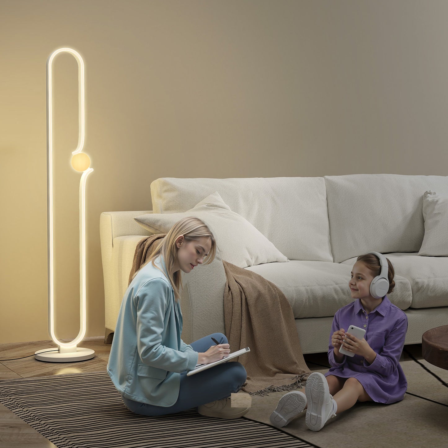 LightGlow Premium LED Floor Lamp, Dimmable Floor Standing Lamp with Glass Night Light, Foot Switch for Living Room, Bedroom, Office, White