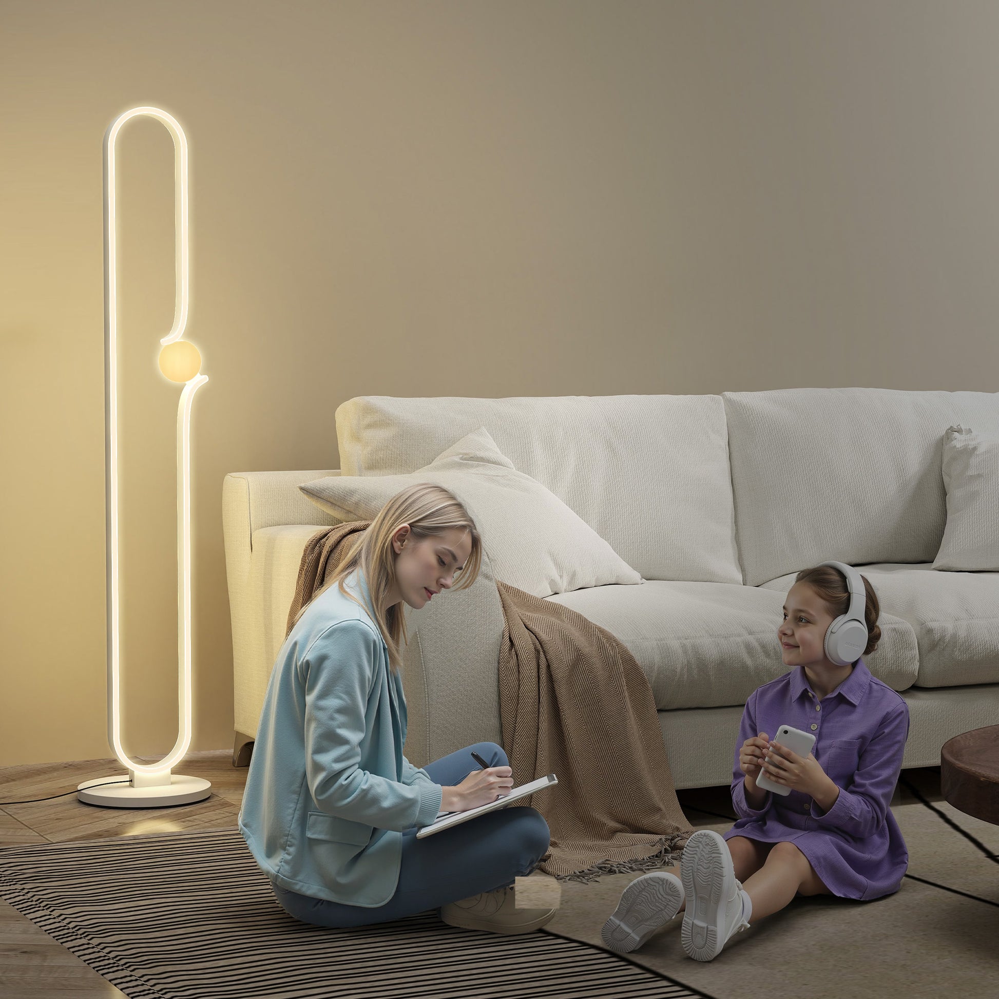 LightGlow Premium LED Floor Lamp, Dimmable Floor Standing Lamp with Glass Night Light, Foot Switch for Living Room, Bedroom, Office, White