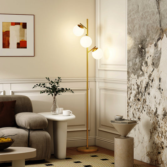 LightGlow Premium 3-Light Tree Floor Lamps for Living Room, Modern Standing Lamp for Bedroom with Globe Lampshade, 3000K/4000K/6000K Colour Temperatures, Steel Base, Gold Tone