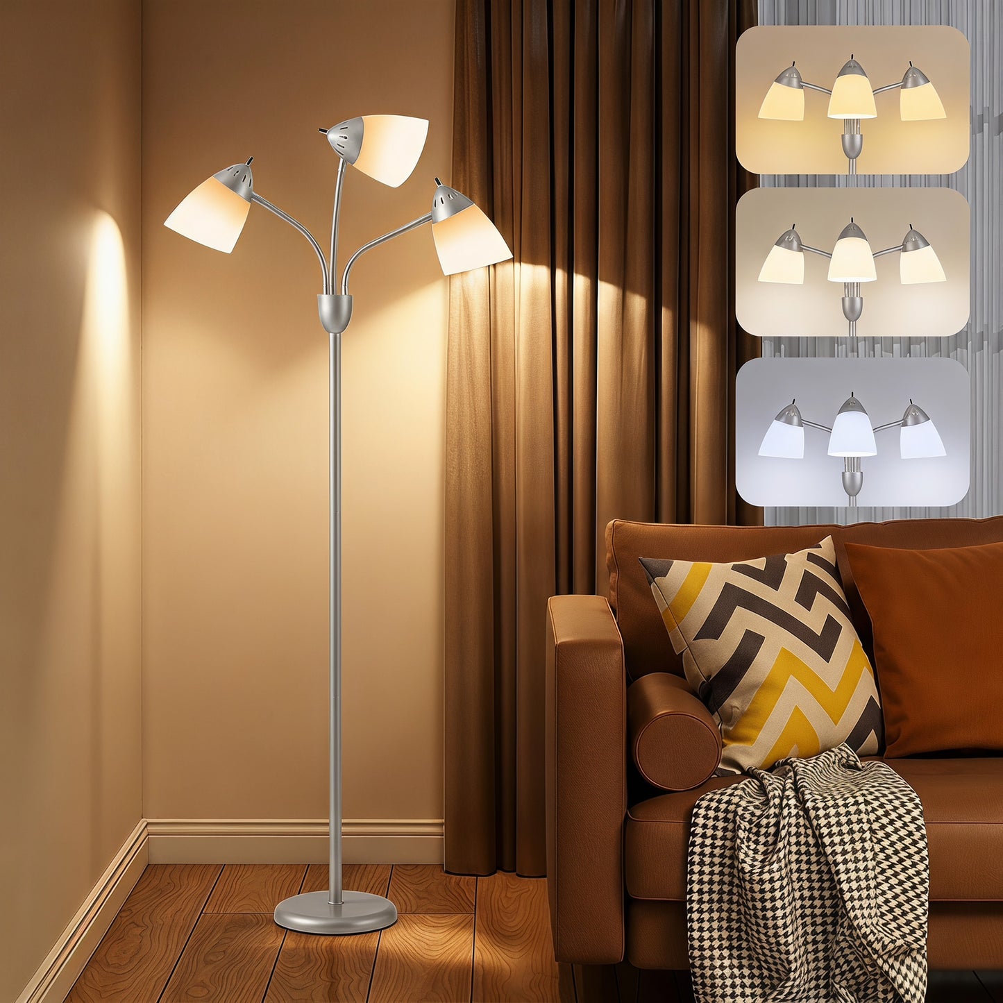 LightGlow Premium Arc Tree Floor Lamp with 3 Adjustable Rotating Lights and 3000K/4500K/6500K Colour Temperatures, Silver Tone
