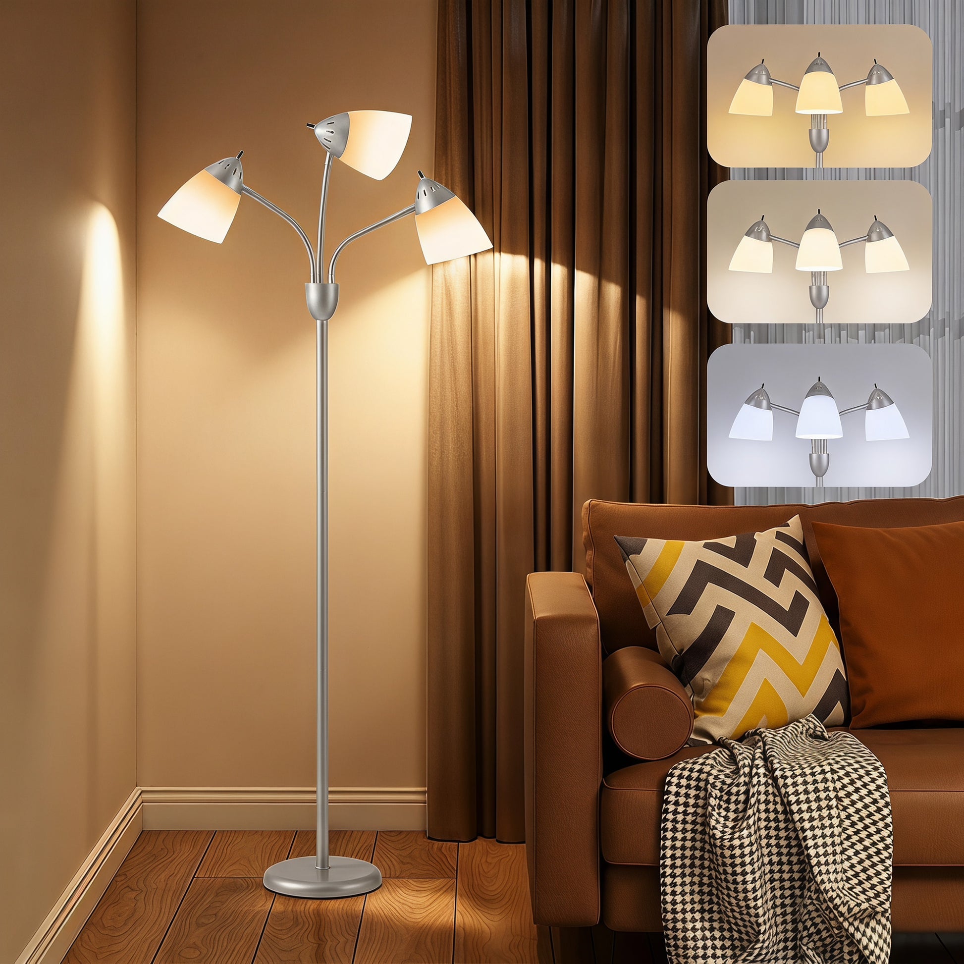 LightGlow Premium Arc Tree Floor Lamp with 3 Adjustable Rotating Lights and 3000K/4500K/6500K Colour Temperatures, Silver Tone