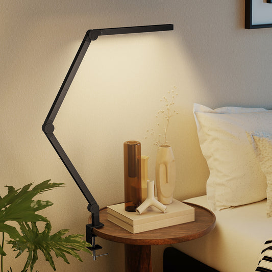 LightGlow Premium LED Desk Lamp, Dimmable Desk Light with Swing Arm and Clamp, Adjustable Eye-Caring Table Lamp with 2 Colour Modes & 5 Brightness Levels for Study, Drawing, Office, Architect, Task, Black