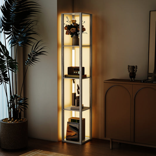 LightGlow Premium Floor Lamp with Shelves and 3 Brightness Levels - Oak