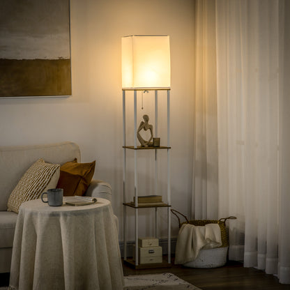 LightGlow Premium Modern Metal Floor Lamp with Shelves, 3 Layer Shelf Tall Standing Lamp with Fabric Lampshade, Pull Chain Switch for Living Room, Bedroom, Bulb not Included, White