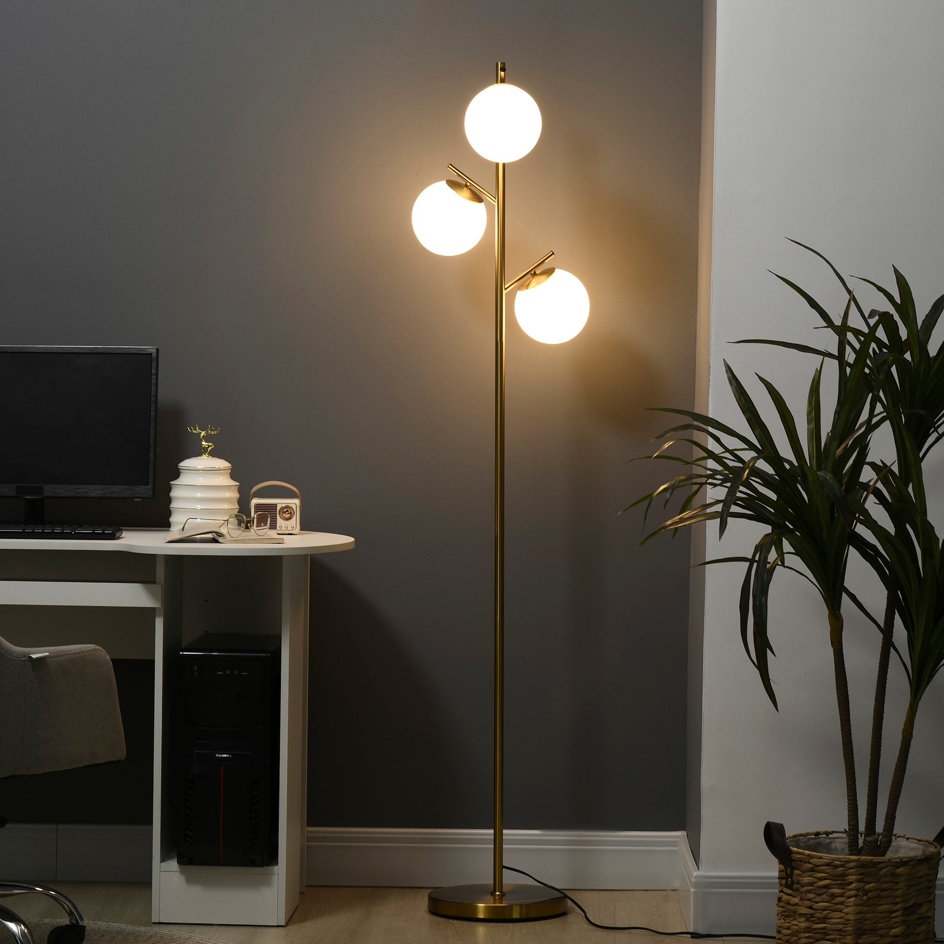 LightGlow Premium 3-Light Tree Floor Lamps for Living Room, Modern Standing Lamp for Bedroom with Globe Lampshade, Steel Base, Bulb not Included, Gold Tone
